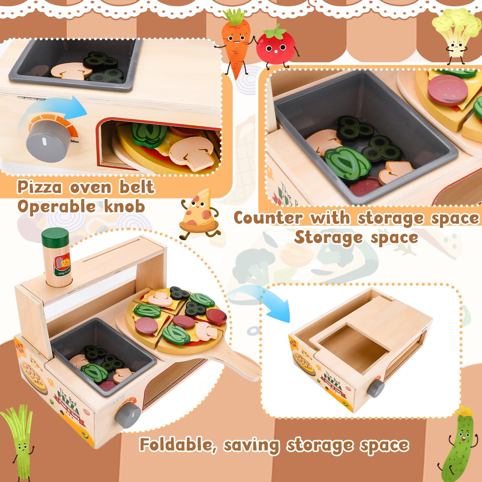JOYBOY Pizza Giocattolo in Legno,Set Pizza in Legno,Set da Gioco per Pizza,Giocattolo Educativo per L'apprendimento Playset in Legno con Forno,Regalo di Compleanno di Natale per 3 4 5 6 Anni