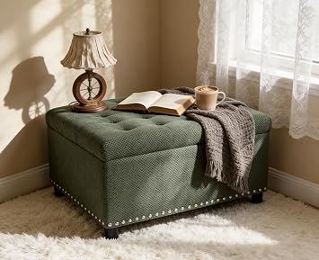 Oversized Square Ottoman with Storage for Living Room, Upholstered Fabric Tufted Footstool with Storage, Mid Century Modern Ottoman Foot Rest for Chair, Dark Green