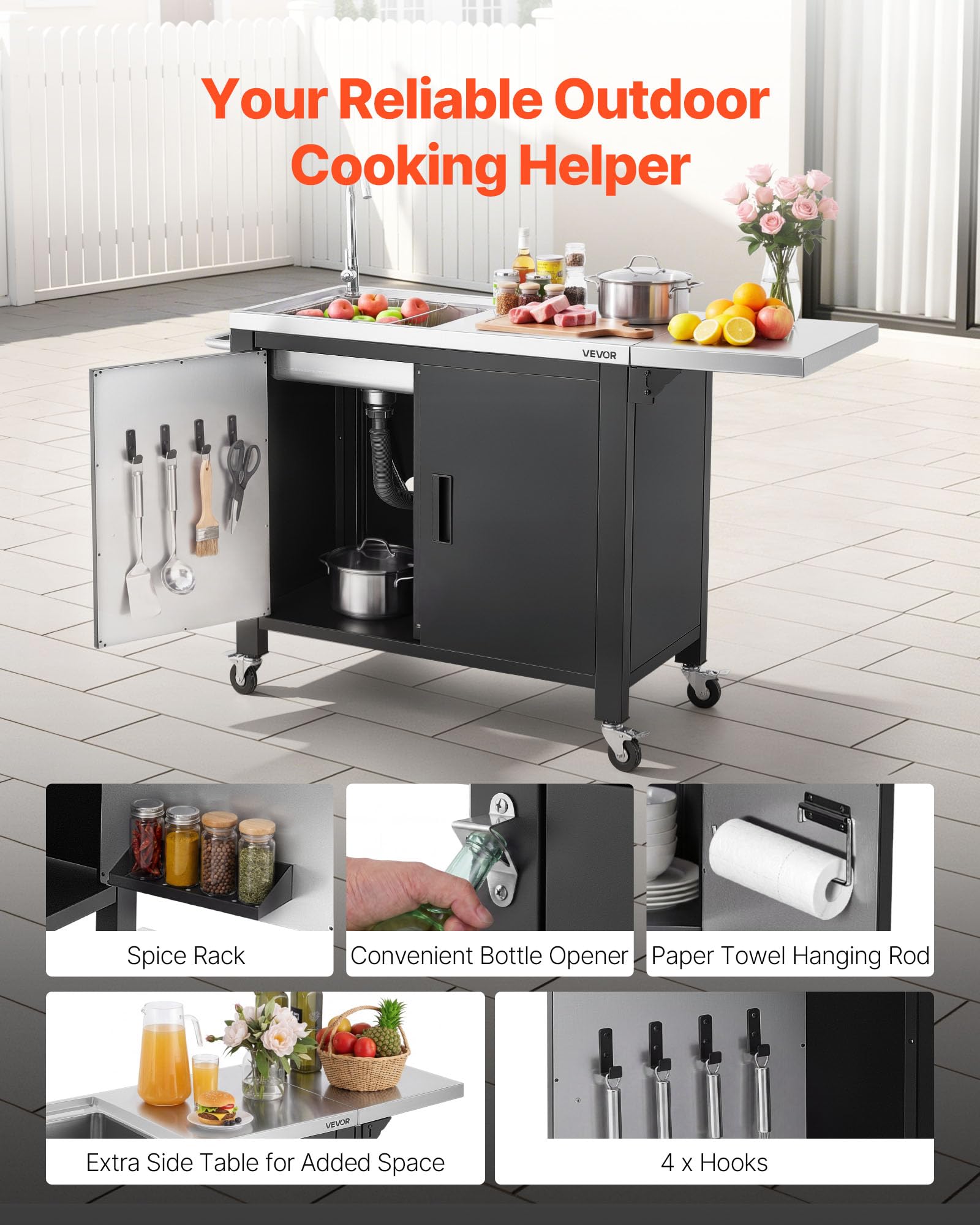VEVOR Mesa de Barbacoa 132 x 46 x 90,9 cm Tablero de Acero Inoxidable, Carrito de Cocina con Fregadero, con Ruedas, con Armario de Almacenamiento, con Toallero, para Jardín, Bar, Zona de Barbacoa