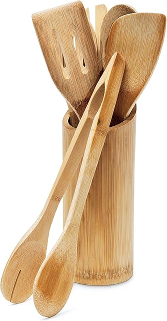 Relaxdays 7 Piece Bamboo Kitchen Utensils Set, Pieces about 30 cm Long, Includes Spatula, Spoon, Fork, Salad Tongs, Holder, Natural Brown