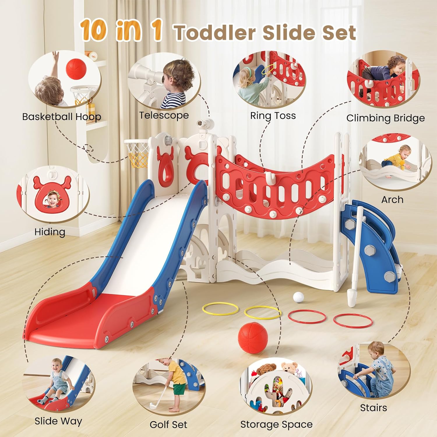 Toddler Slide, 10 in 1 Toddlers Playset New Upgrade with Kids Slide, Drawing Board, Golf Set, Basketball Hoop and Storage Space for Toddler Age 1-3, Backyard Playground Indoor and Outdoor (Blue Red)