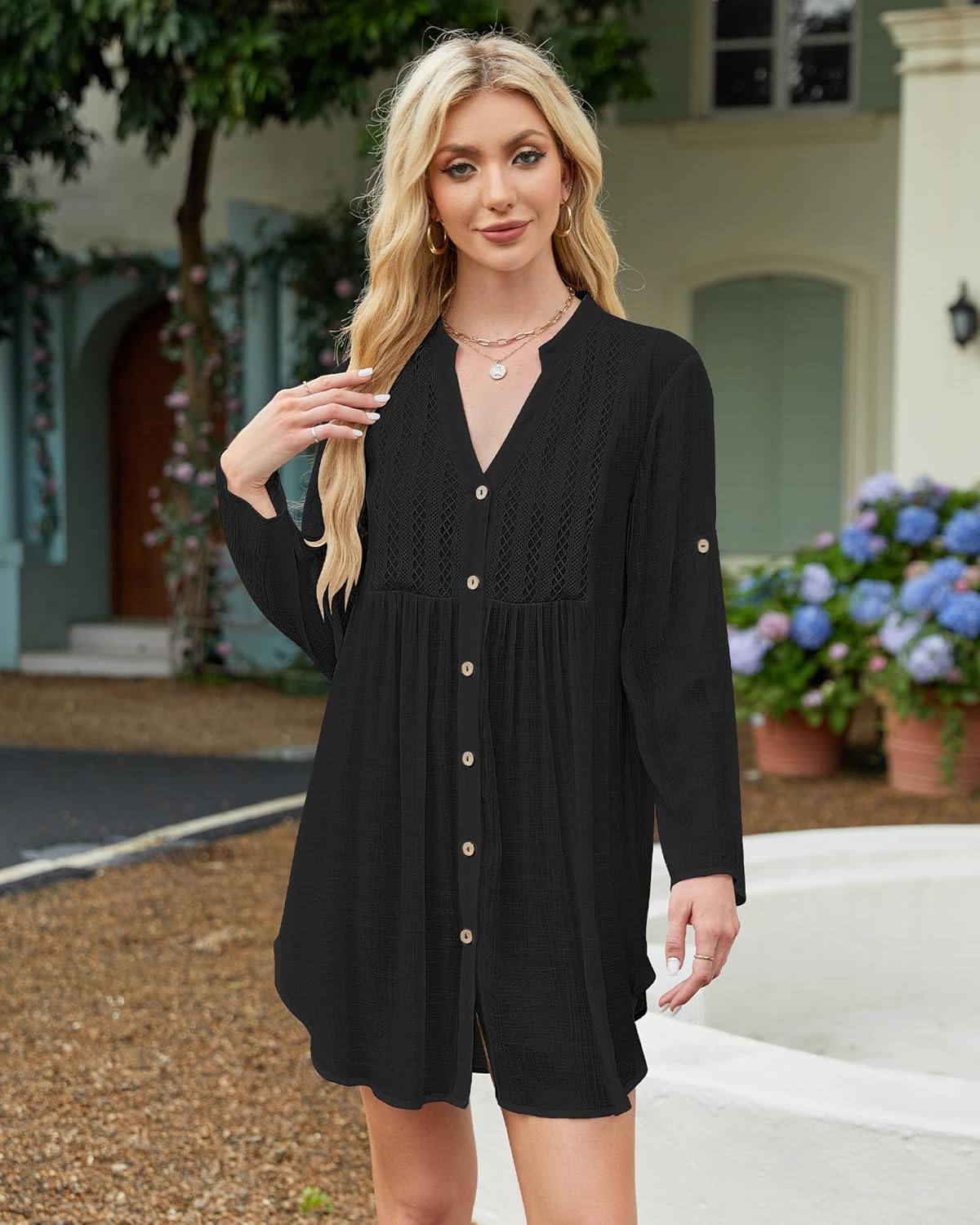 Bsubseach Women Beach Cover Ups V Neck Button Down Swimsuit Coverup Summer Swim Long Sleeve Cover Up Dress - Image 7