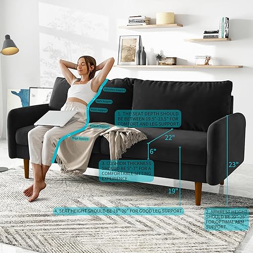 Miniatura 6 de Cómodo sofá biplaza de tela de terciopelo de 58 pulgadas de ancho con asiento profundo y patas de madera maciza, moderno sofá reclinable de mediados