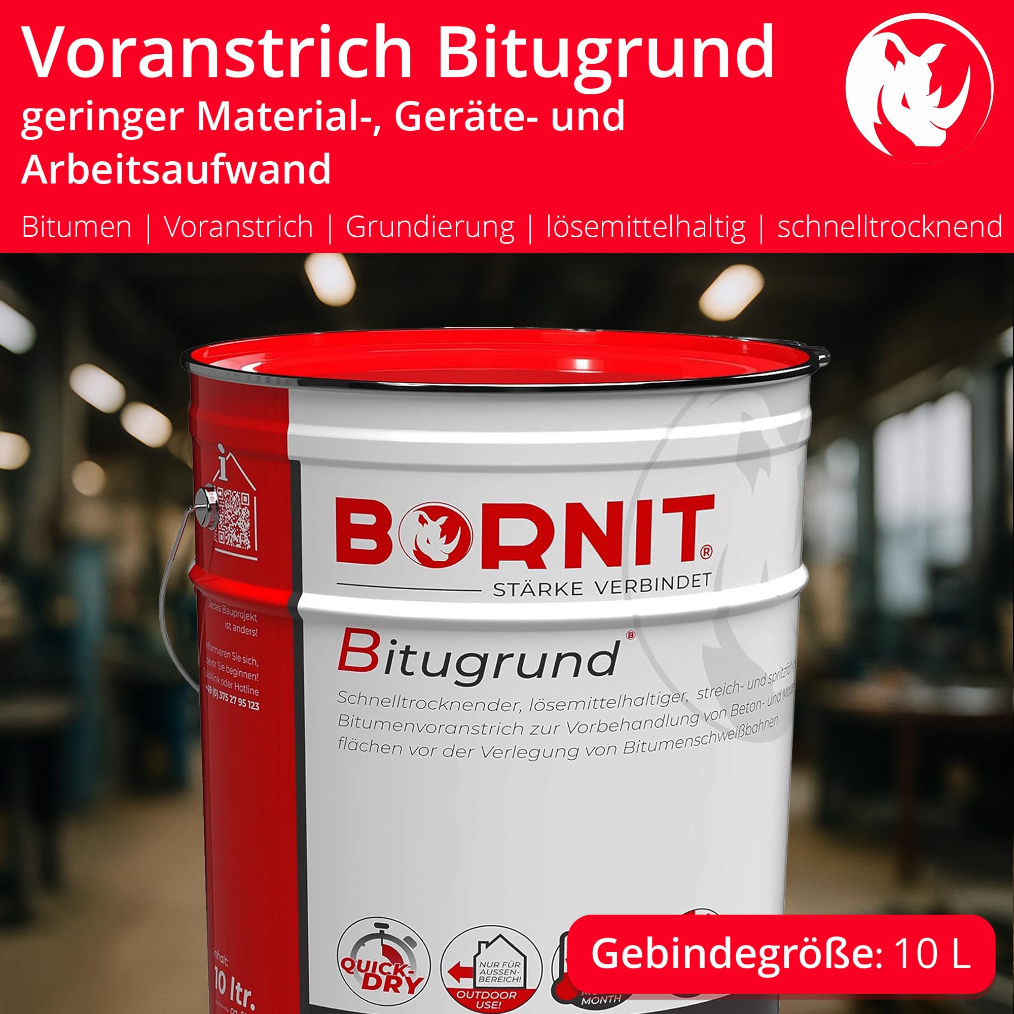 BORNIT Bitugrund 10L Primer schnelltrocknend, Bitumen Grundierung | [geprüft EN15322] Tiefengrund lösemittelhaltig Haus Garage Vordach Gartenhaus Beton Mauerwerk Metall Dachpappe Tiefgrund Putz