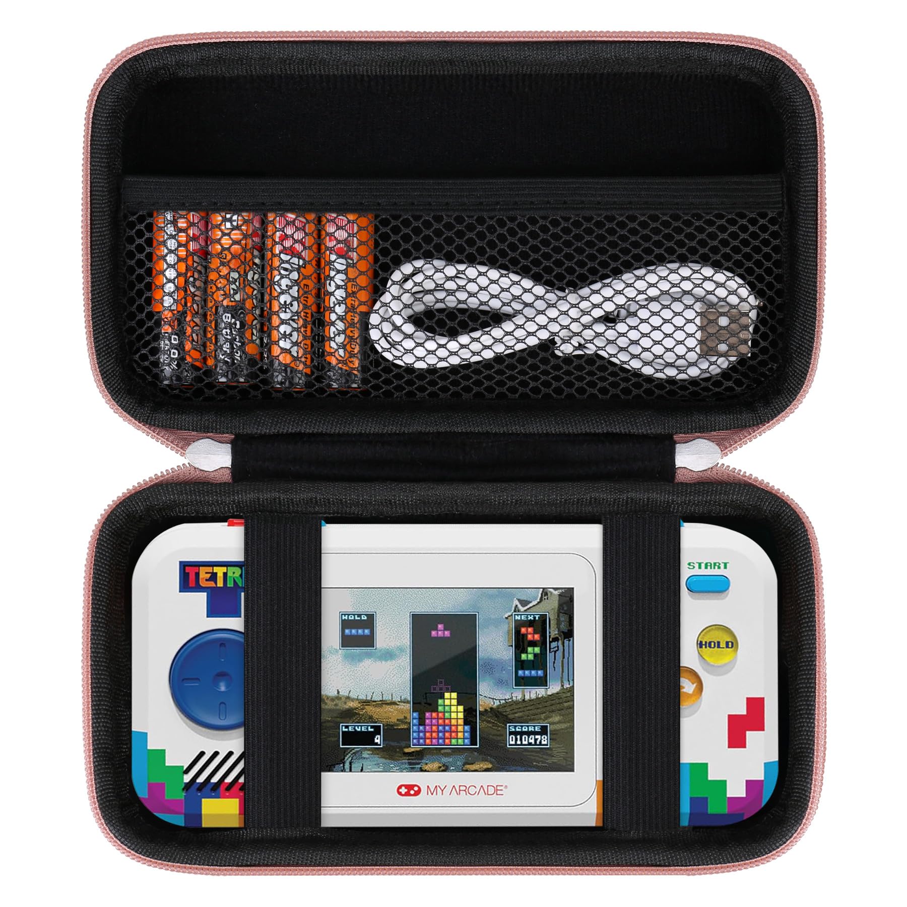 Supmay Hard Travel Case for My Arcade Atari Pocket Player Pro, Portable Video Game System Handheld Game Protection Case with Mesh Pocket for Batteries and USB-C Cable, Rose Gold