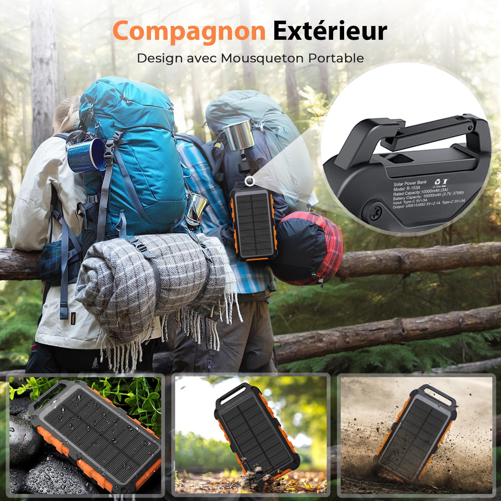 Batterie Externe Solaire 10000mAh, PD22.5W Chargeur Solaire Power Bank Portable USB C 3A Charge Rapide avec 3 Ports, Câbles et Lampe pour Smartphone, Tablette, Camping et Plus