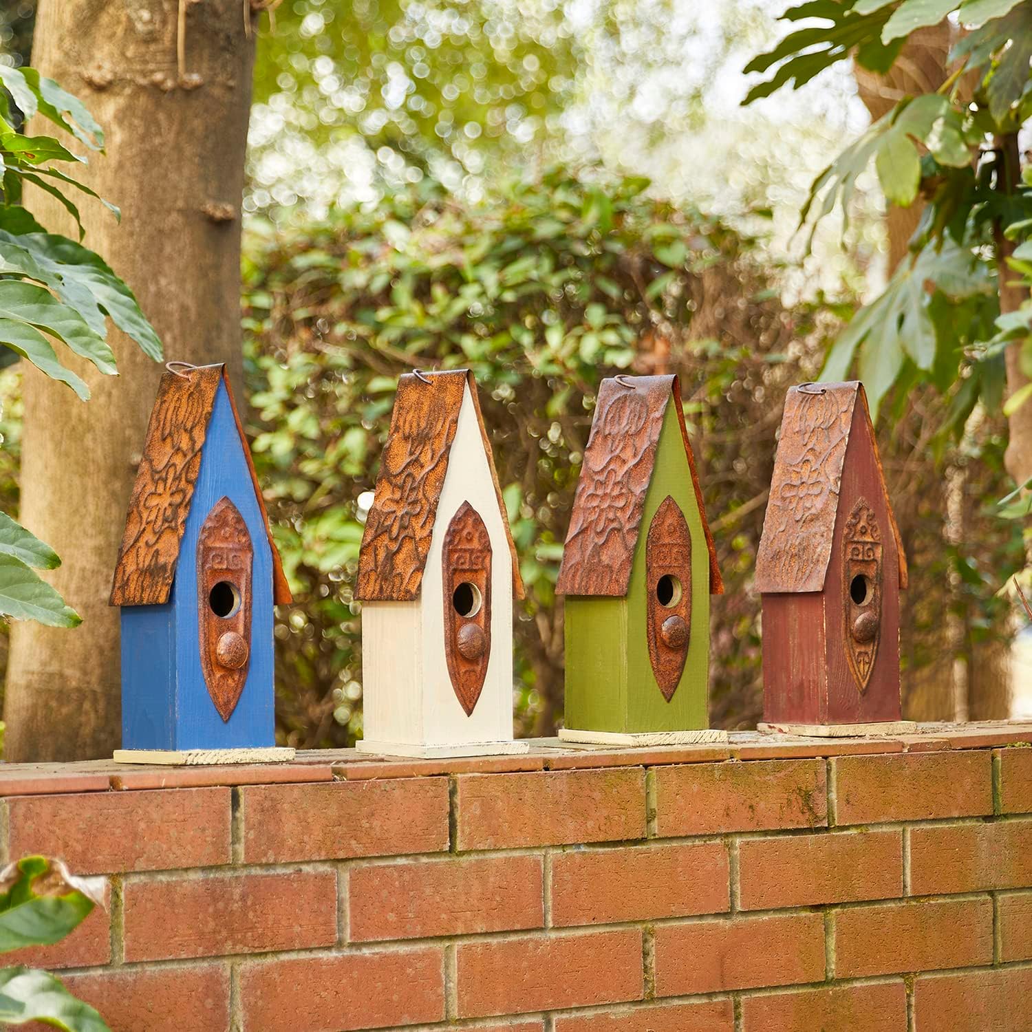 Glitzhome Bird Houses for Outdoor, 13.23" H Red Hand Painted Distressed Wood Garden Hanging Bird House for Bluebird Hummingbird Wren Finch Cardinals Cedar