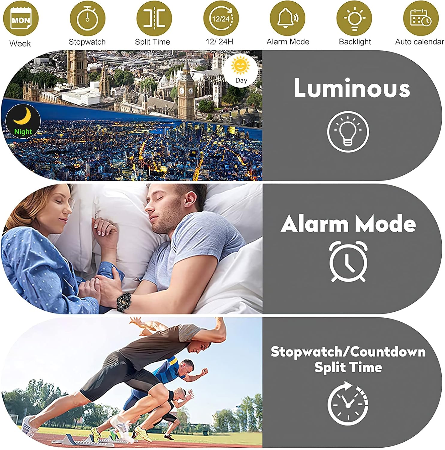 MEGALITH Mens Watch Digital Waterproof Stainless Steel Big Face LED Analog Multifunctional Outdoor Sports Watch, Men's Wrist Watches with Dual Time Backlight Display Alarm Stopwatch - Image 8