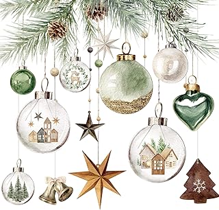 Yookeer 36 Pcs Neutral Christmas Ornaments Wood Christmas Ball Star Bell Hexagram Hanging Ornaments Vintage Farmhouse Xmas Decoration Tags with Rope Decor