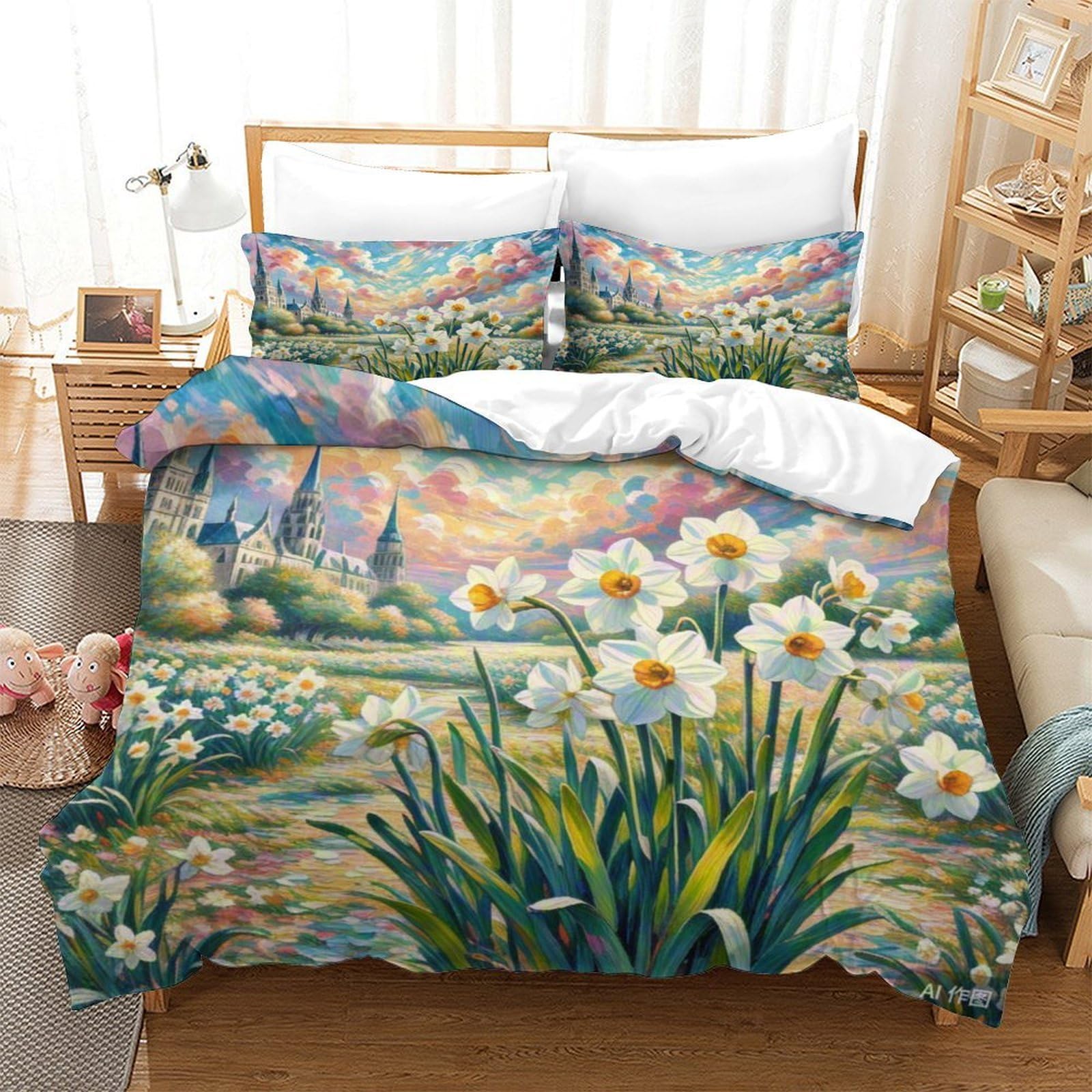 Parure de couette 140x200 Narcisse en microfibre douce avec zip