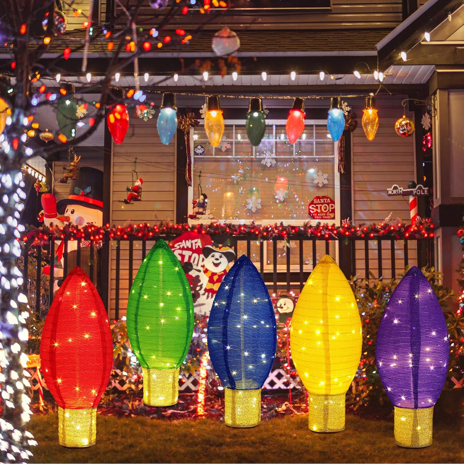 5 Pack Large Lighted Outdoor Christmas Decoration 2.4 ft Pop up Collapsible Christmas Bulb Giant Pre-lit Xmas Ornaments with LED Lights for Yard Garden Lawn (Red, Blue, Green, Purple, Gold) - Image 6