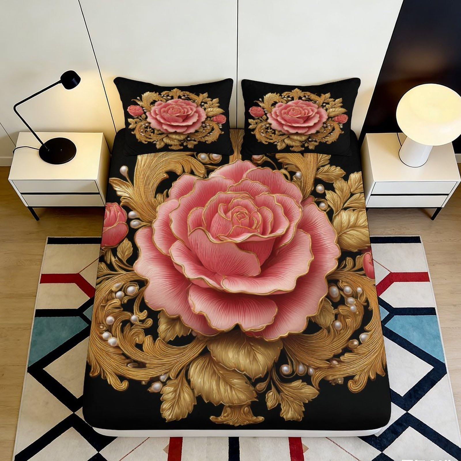 Uynsixtme Style-3 3D Printed Rose Pattern Fitted Sheet Microfiber Deep Pocket Bedroom Bedding Rose Mattress Fitted Cover For Adults 200X200x25cm