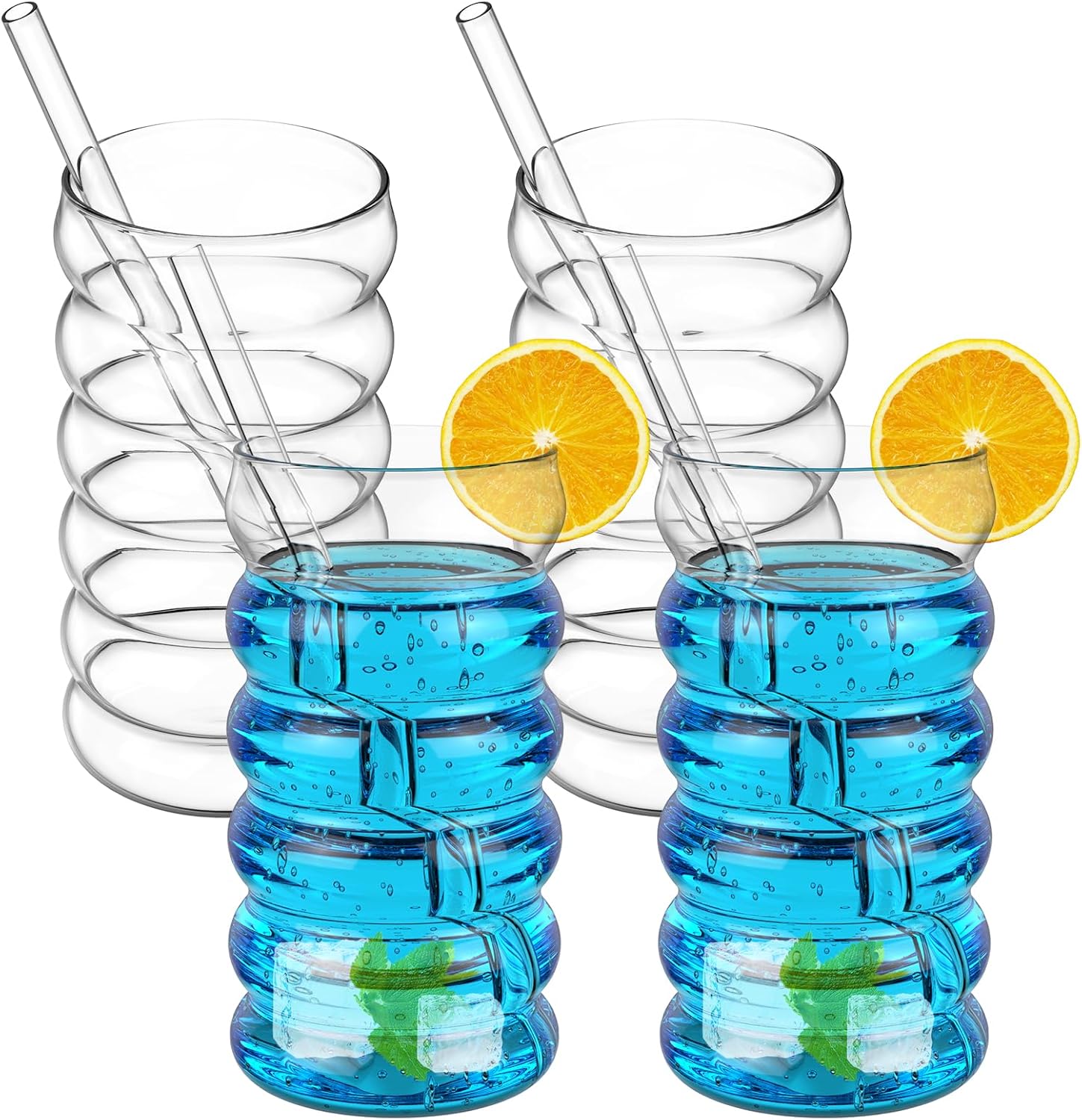 4Pcs Iced Coffee Glass, 500ML Bubble Drinking Glass with Straw Wide Opening Drinking Glassware Elegant Ribbed Glassware Dishwasher Safe for Cocktail Soda Juice