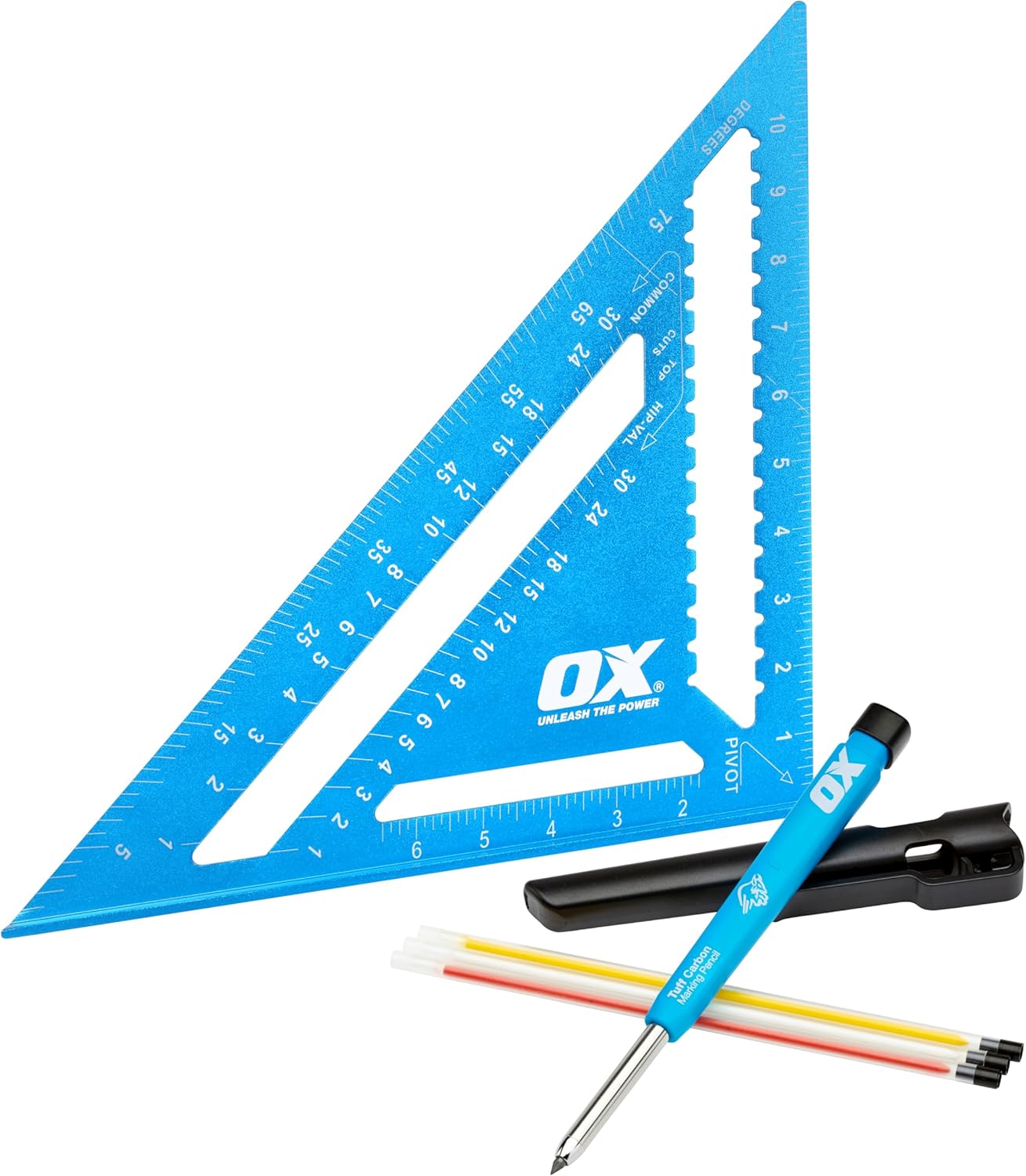 OX Tools Carpenter Pencils Mechanical Set with Belt Clip, Sharpener, Holder & Leads + OX Pro 12 Inch Aluminum Framing Square – Woodworking & Carpenter Tool Bundle