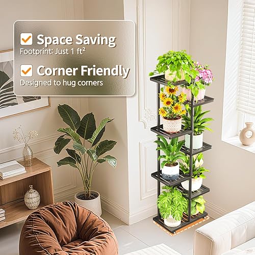 Miniatura 6 de LASZOLA Soporte de plantas de 6 niveles para interiores y exteriores para macetas grandes y resistentes, estante alto de flores de metal negro con