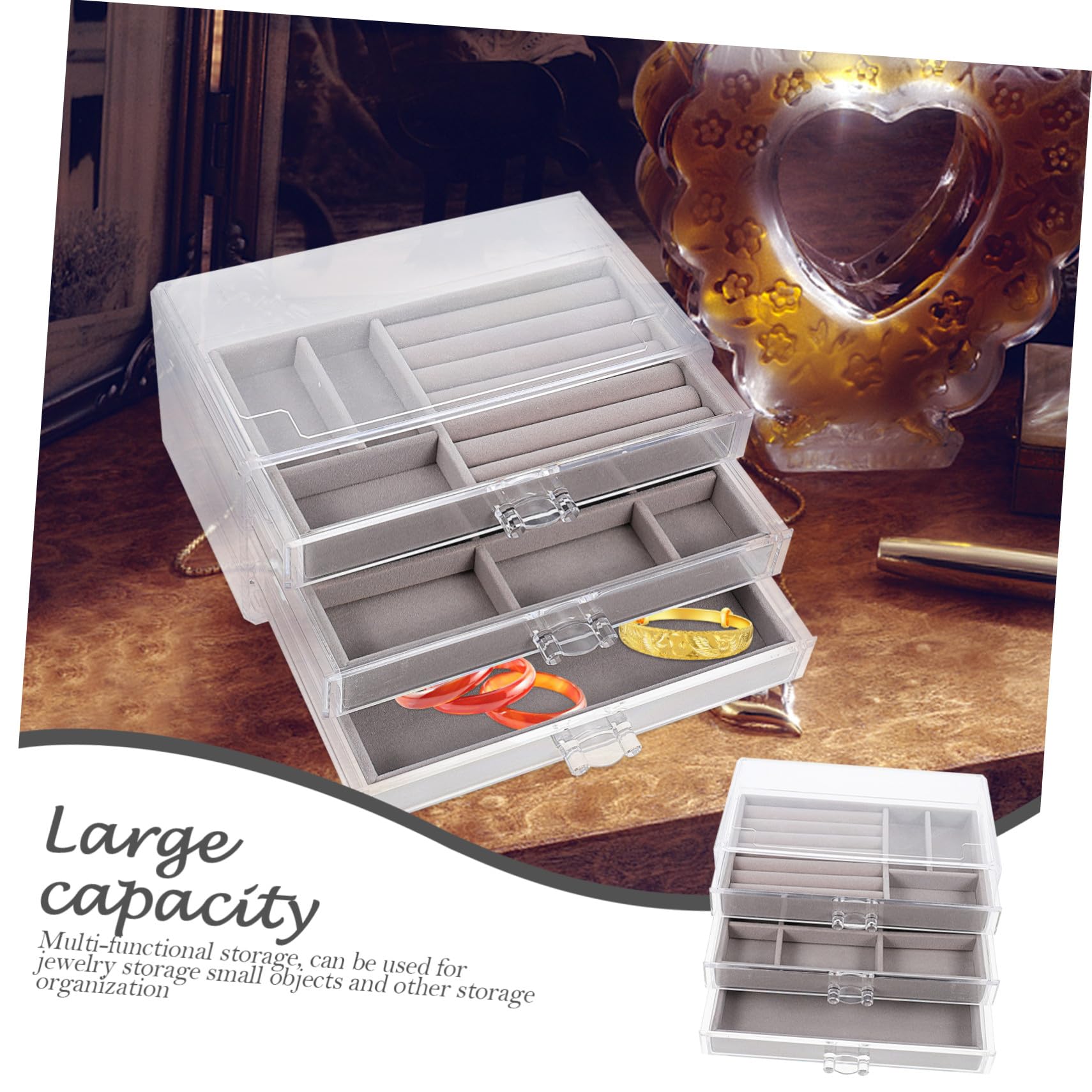 POPETPOP Scatola Porta Gioielli in Plastica Grigia con Organizer da Scrivania per Camera da Letto con Scomparti Multipli Antipolvere e Design Elegante