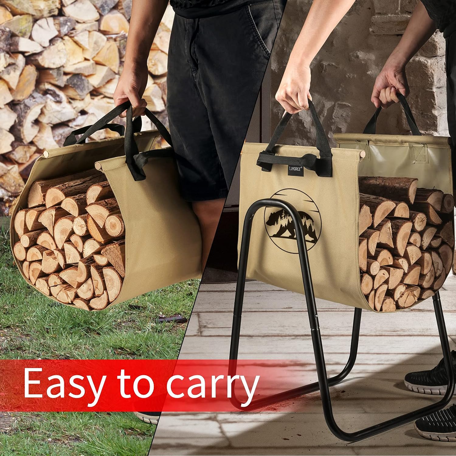 TJ.MOREE Fireplace Log Holder Rack with Canvas, Log Carrier for Indoor, Outdoor Wood Storage, Log Bin Heavy Duty (Olive Drab Faded, Bear)