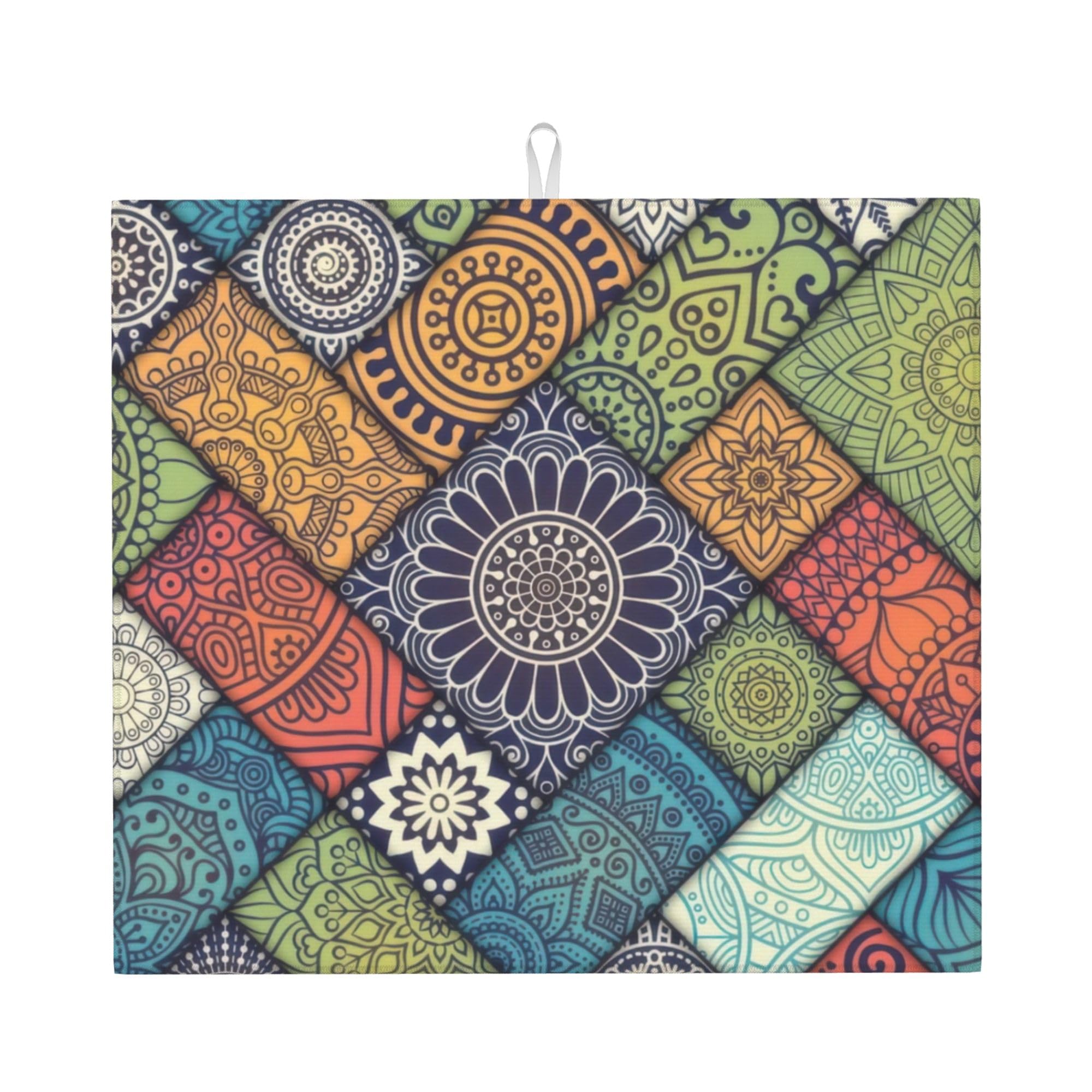 Retro Boho Dish Drying Mat 16x18 Inch, Microfiber Absorbent Fast Dry Mat Mandala Large Dish Mat Drying Kitchen Mat, Kitchen Drying Pad for Kitchen