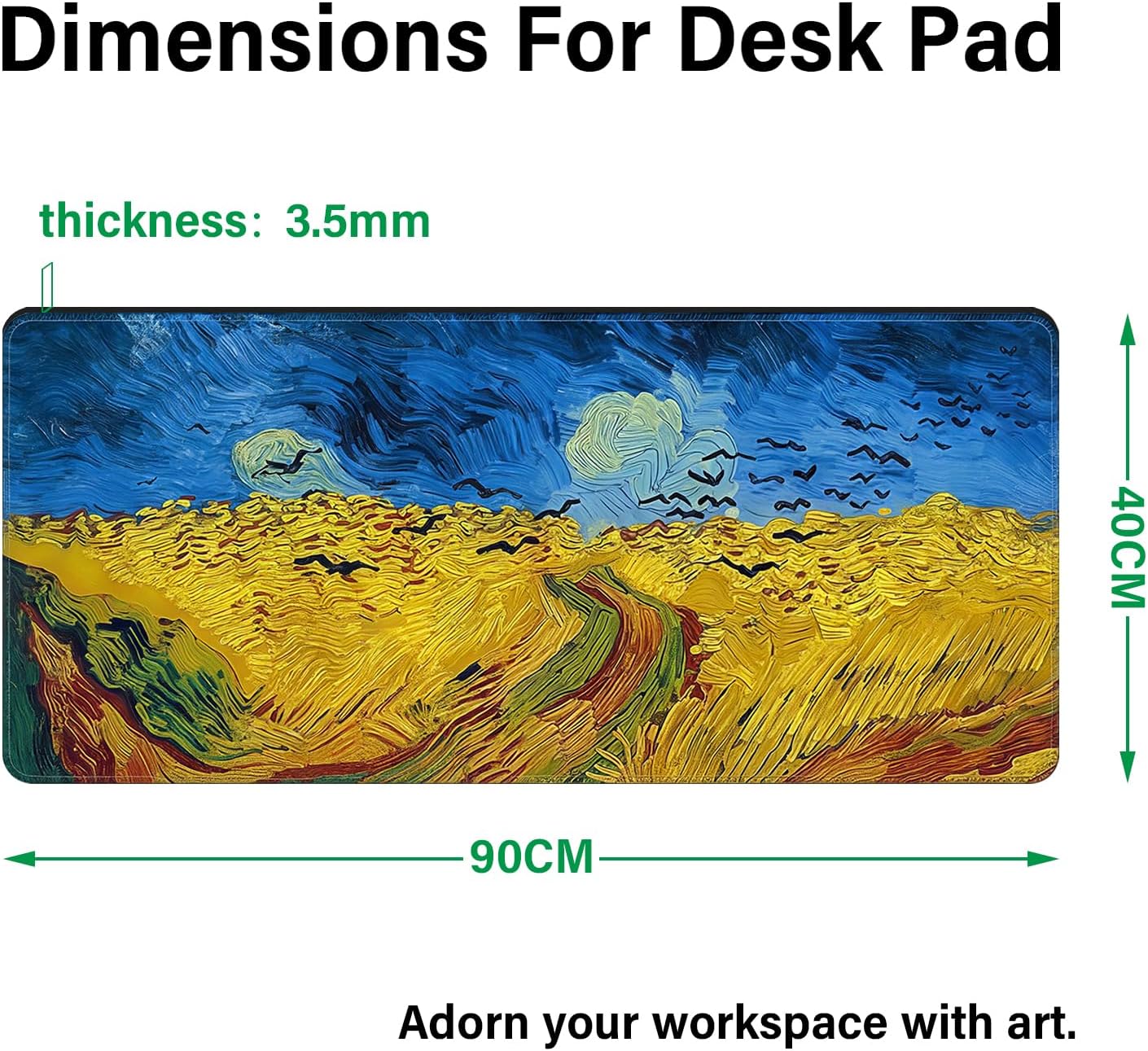 Large Mouse Pad,Extra Long and Thick Desktop Mouse Pad with Stitched Edges,Non-Slip Base,Waterproof Keyboard Pad for Office and Home,Van Gogh-Wheatfield with Crows(35.4x15.7x0.12 Inch，90x40cm)