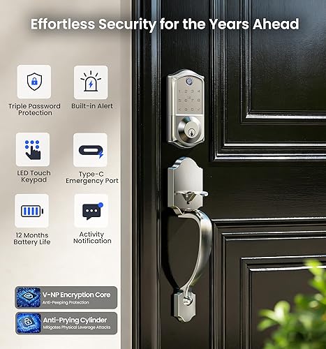 Miniatura 6 de Veise VE017-H - Juego de cerradura inteligente para puerta delantera, control de aplicación, cerrojo de entrada sin llave con asa, cerrojo