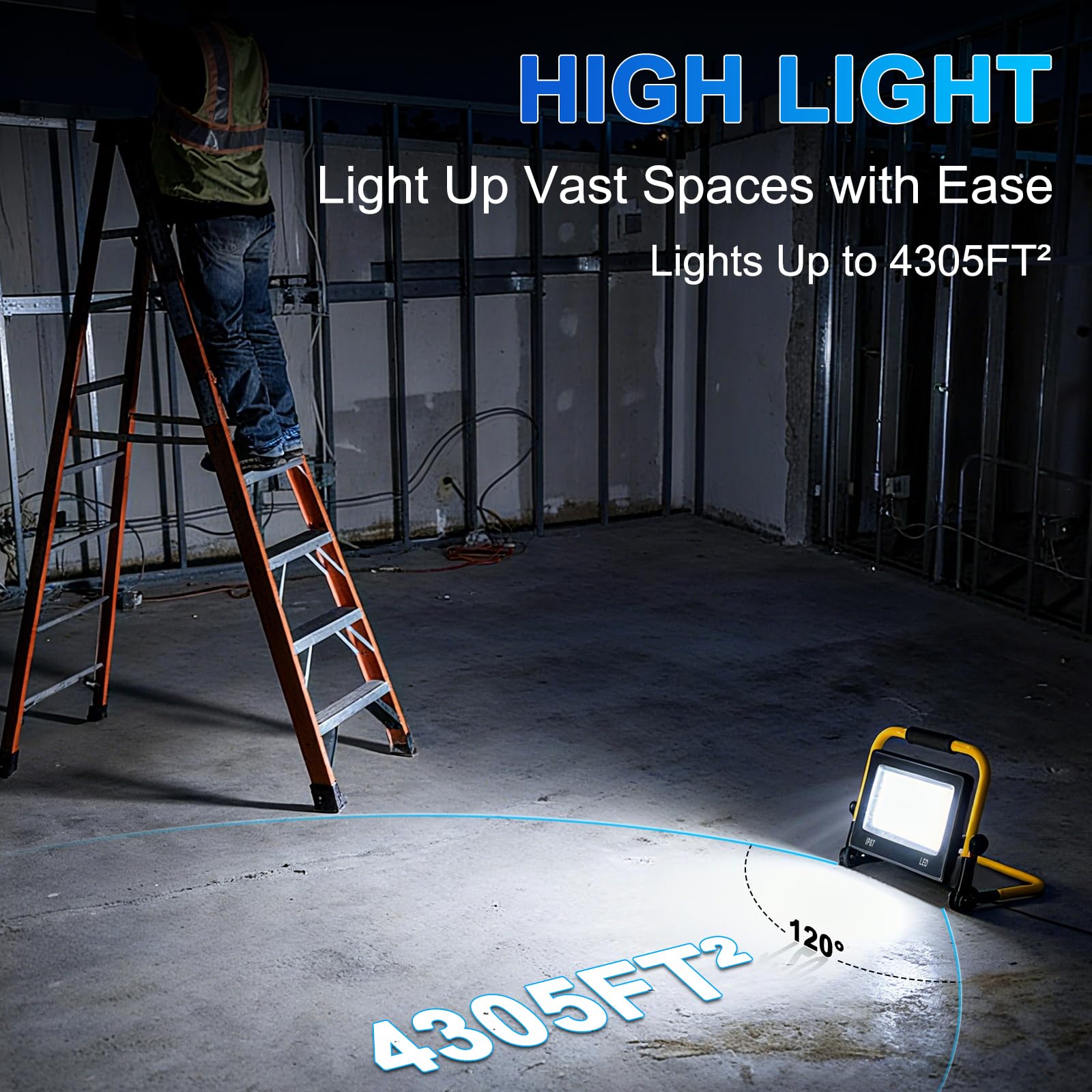 Faretto LED da Cantiere 200W, 20000lm Fari Led da Esterno con Spina, 6500K Lampada da Lavoro IP67 Impermeabile Cavo 2M, con Staffa Pieghevole, Faretto Lavoro per Edilizia,Officina, Garage