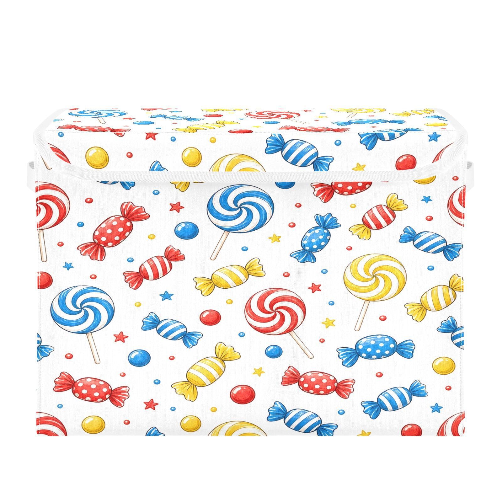 Ewusp Candy Fabric Storage Bin with Lid, Decorative Foldable Storage Basket with Handles, Stackable Closet Shelf Organiser Box for Clothes, Books, Bedroom, Living Room