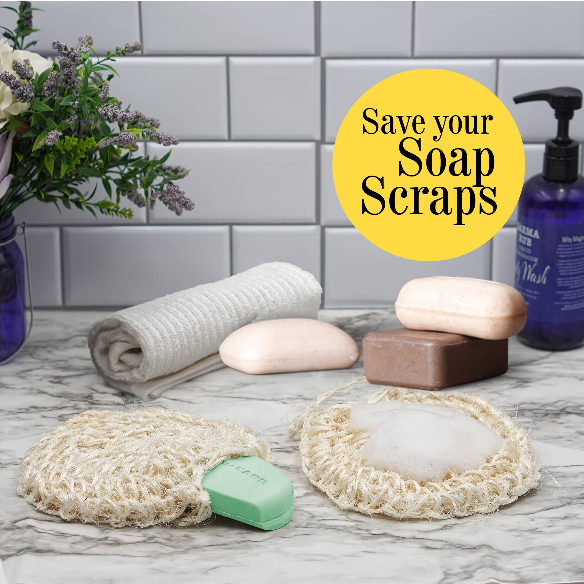 Esponja corporal natural tejida a mano de sisal, esponja de ducha orgánica hecha de fibras de agave de primera calidad, estilo árabe-turco con bolsa de jabón de barra, limpiador corporal natural para