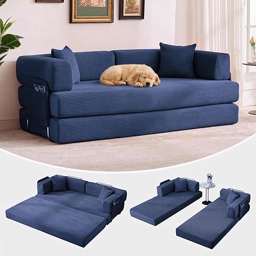 IDEALHOUSE Convertible Sofa Bed 5-in-1, 78.8 Inch Folding Futon Couch with Pull Out Bed, Corduroy Upholstered No-Assembly Loveseat Sleeper for Living Room, Bedroom, Lounge, Blue