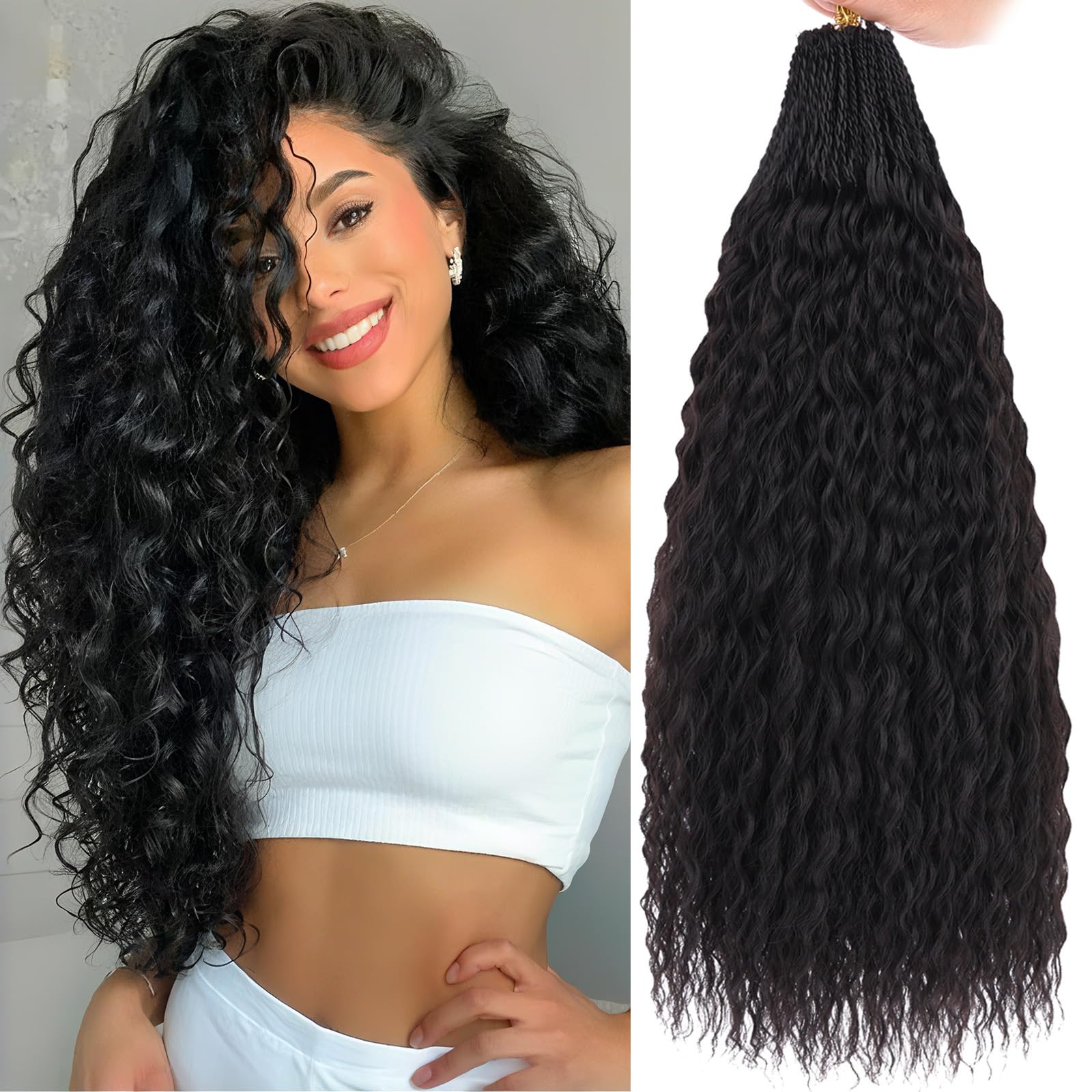 Xtrend Pre Looped Micro Brazilian Kinky Curly Crochet Hair 24 Inch 8 Packs Black Micro Curly Braiding Hair Extensions Synthetic Deep Wave For Mini Senegalese Twist Hair For Boho (30 Strands/Pack,1B#)