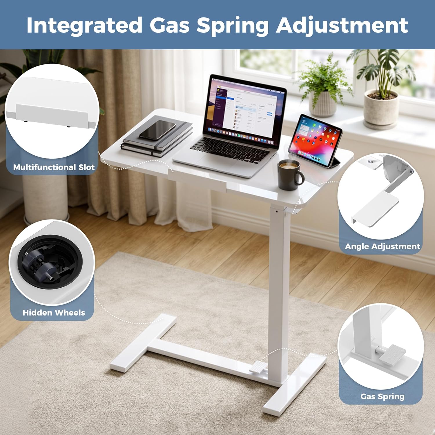 DUMOS Adjustable Overbed Bedside Table with Hidden Wheels, Mobile Standing Desk with Pneumatic Lift, Portable Computer Workstation Cart for Bed, Couch, Office, Sofa, White