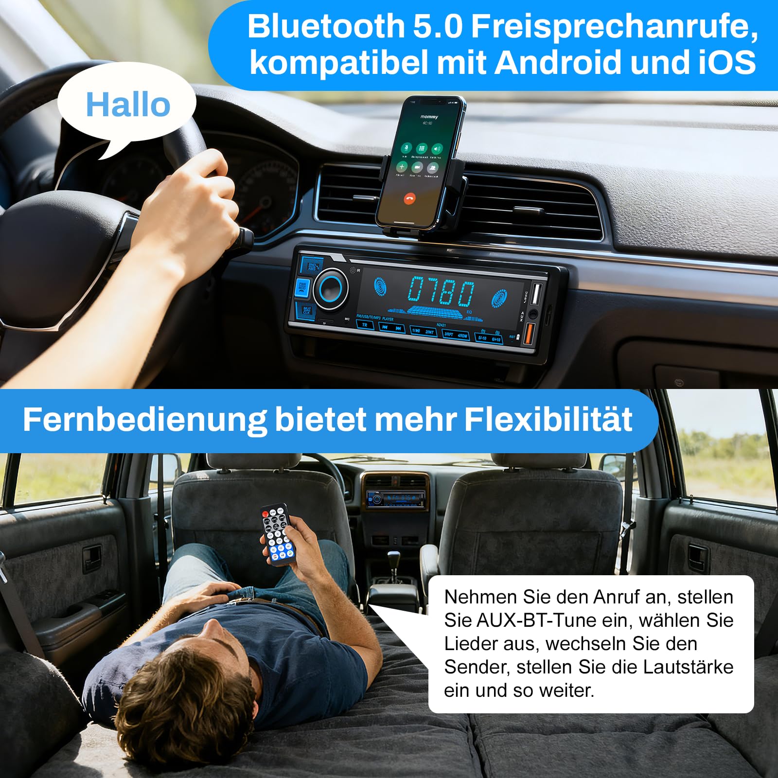 Autoradio Bluetooth,Auto Radio Bluetooth Radio mit 7 Farben Licht Einstellbar 1 Din Autoradio Bluetooth FM mit 2USB/AUX/TF MP3 Player Unterstützt iOS und Android