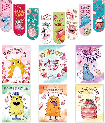 48 tarjetas de monstruo de San Valentín y marcadores magnéticos, bonitas tarjetas de felicitación para el día de San Valentín, marcadores de