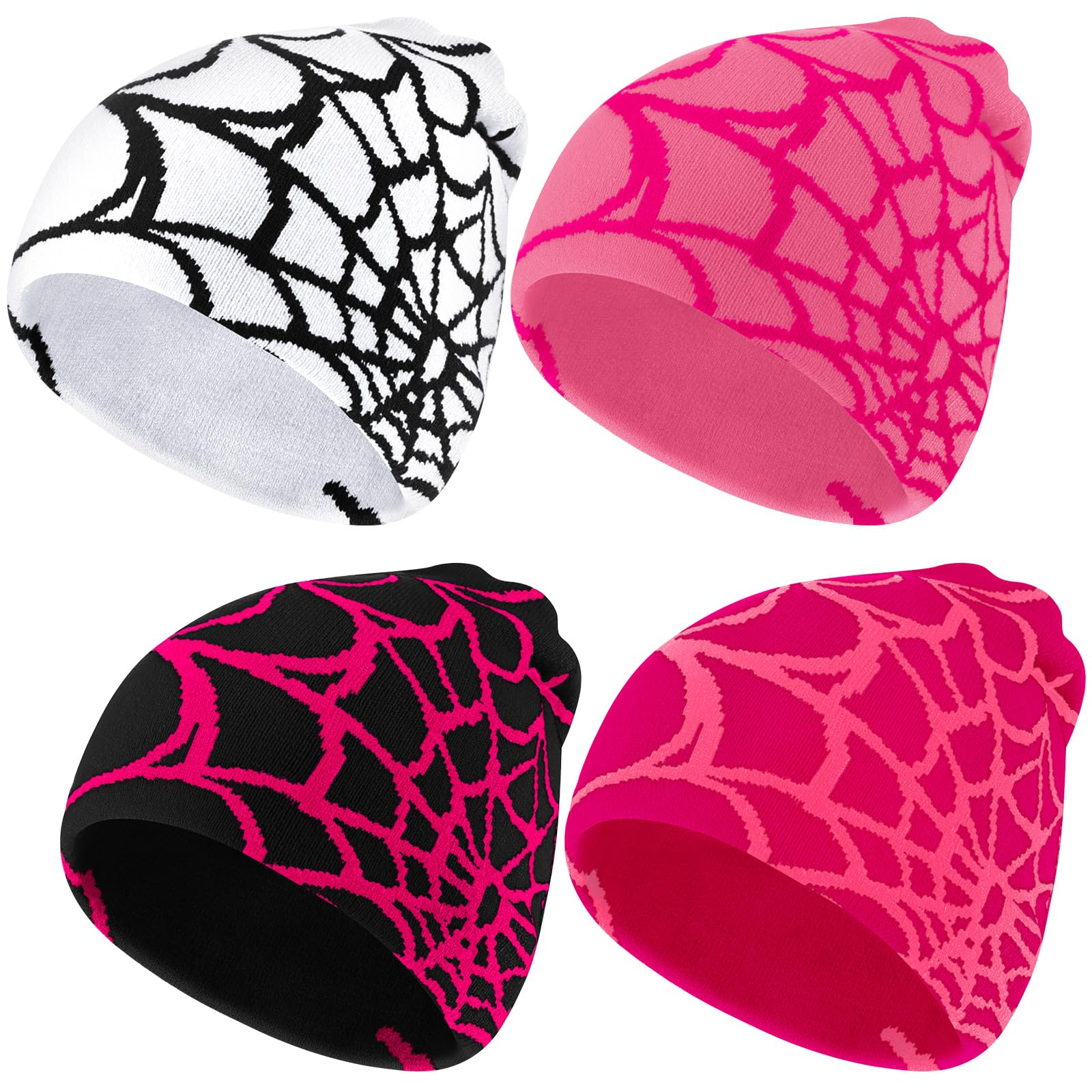 Jeyiour 4 Pcs Y2k Beanies Spider Web Pattern Beanie Gothic Acrylic Knitted Hat Casual Streetwear Outdoor for Men Women(Trendy Color,Knitted)