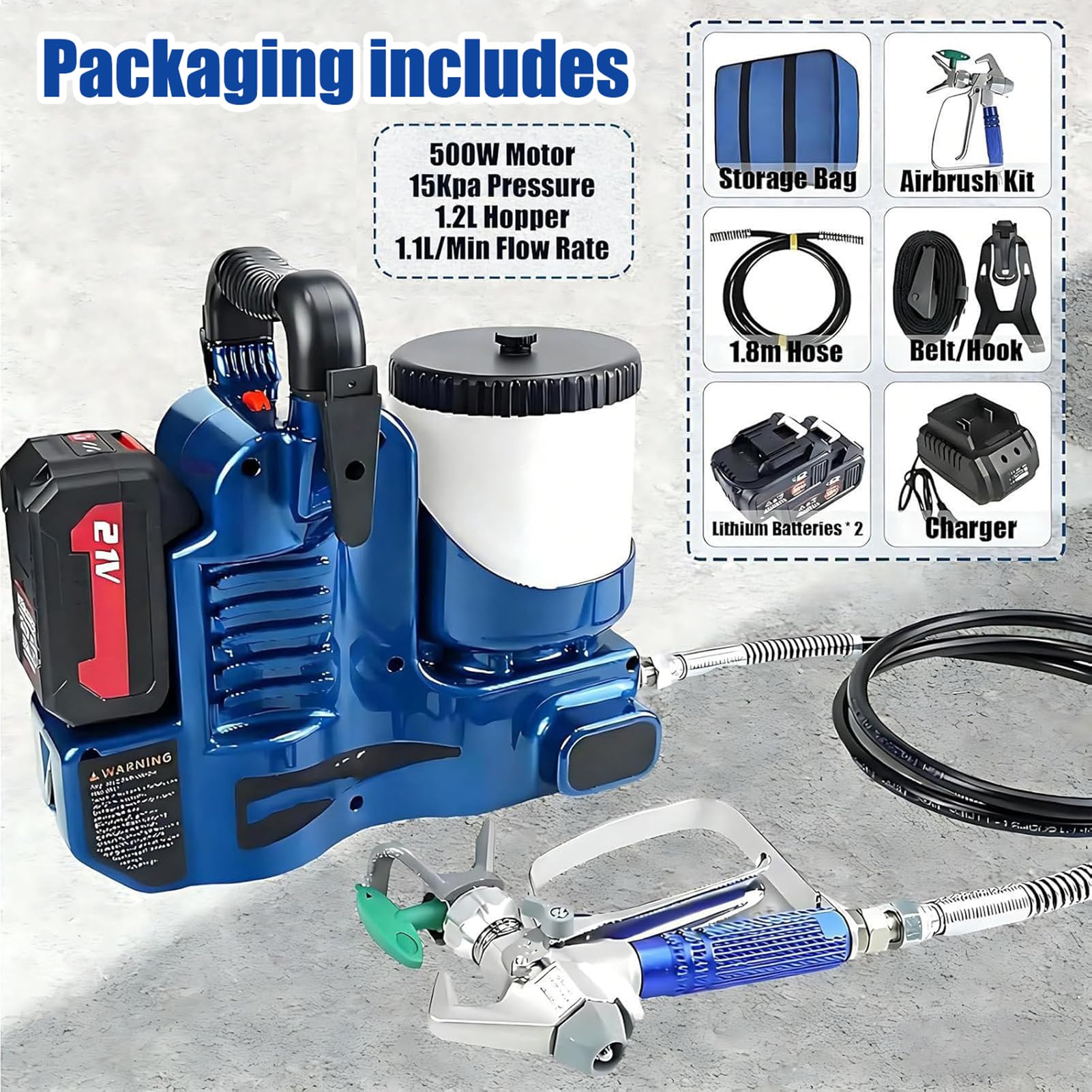 Máquina de Pintar Paredes Airless Inalámbrica, Pistola Pintura Electrica 500W con Batería 21V, Pulverizador de Pintura de Alto Caudal para Látex, Pistola Airless para Reformas del Hogar