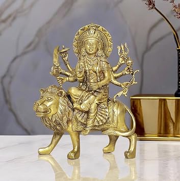 Durga On Tiger Figure Brass Maa Ashtabhuja Statue 8.5" H x 7" W Gold