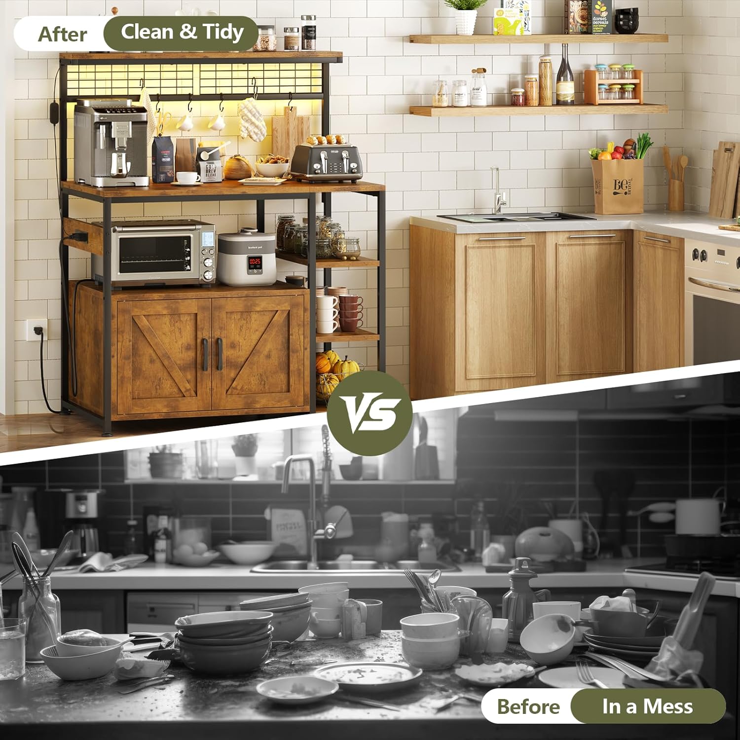 TVU Bakers Rack with Power Outlet and LED Light, Microwave Stand with Storage Cabinet, Coffee Bar Cabinet Station with 6 Hooks for Kitchen, Dining Room, Living Room, Coffee Bar, Rustic Brown, Black