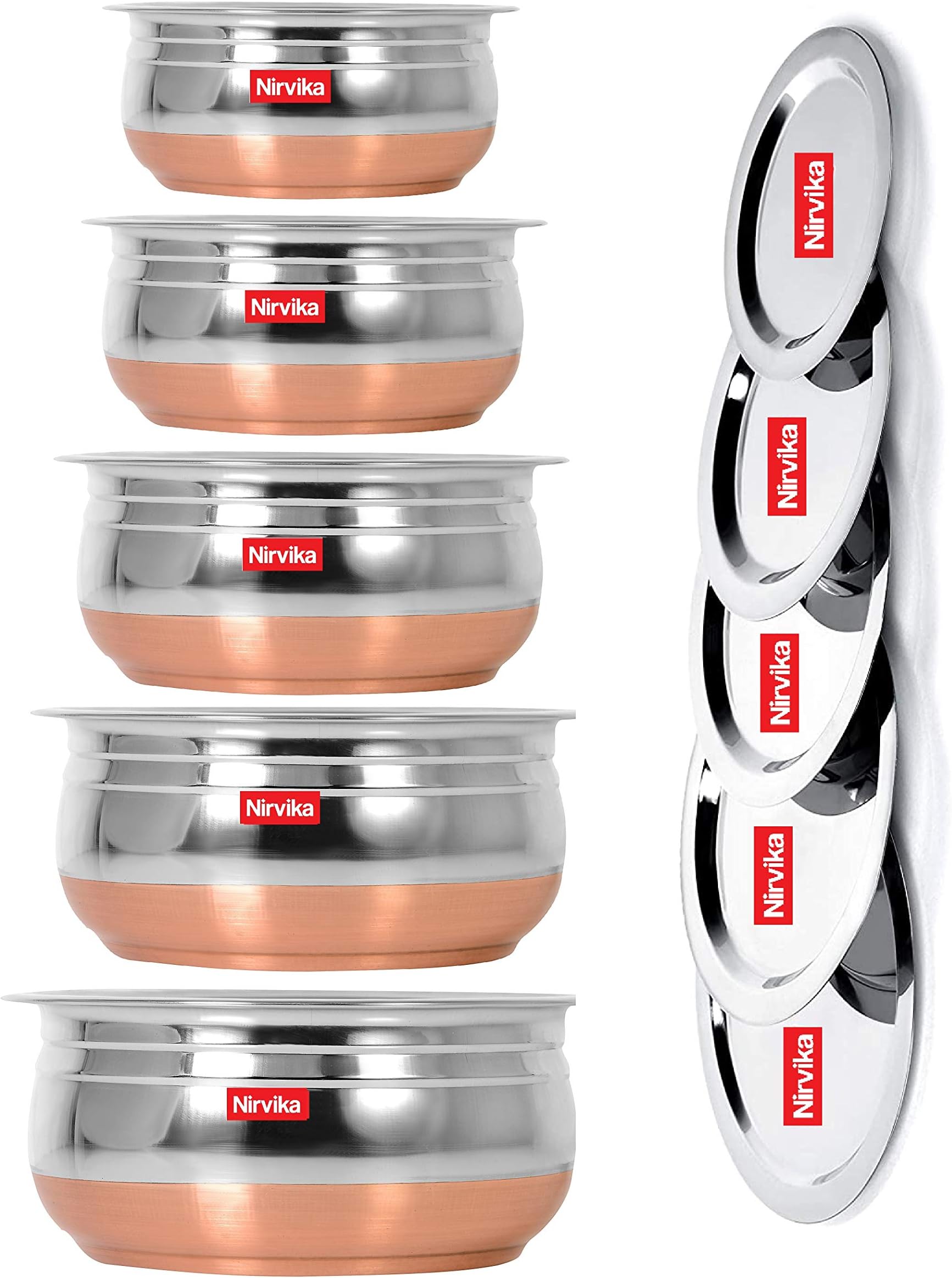 Stainless Steel Handi Set Copper Bottom Handi With Lid Kitchen Serving,Cooking Bowl |Cookware Set/Urli Set 5-Pieces | Patila Bhagona, 1500 Milliliter - 1500 Ml, Multicolor