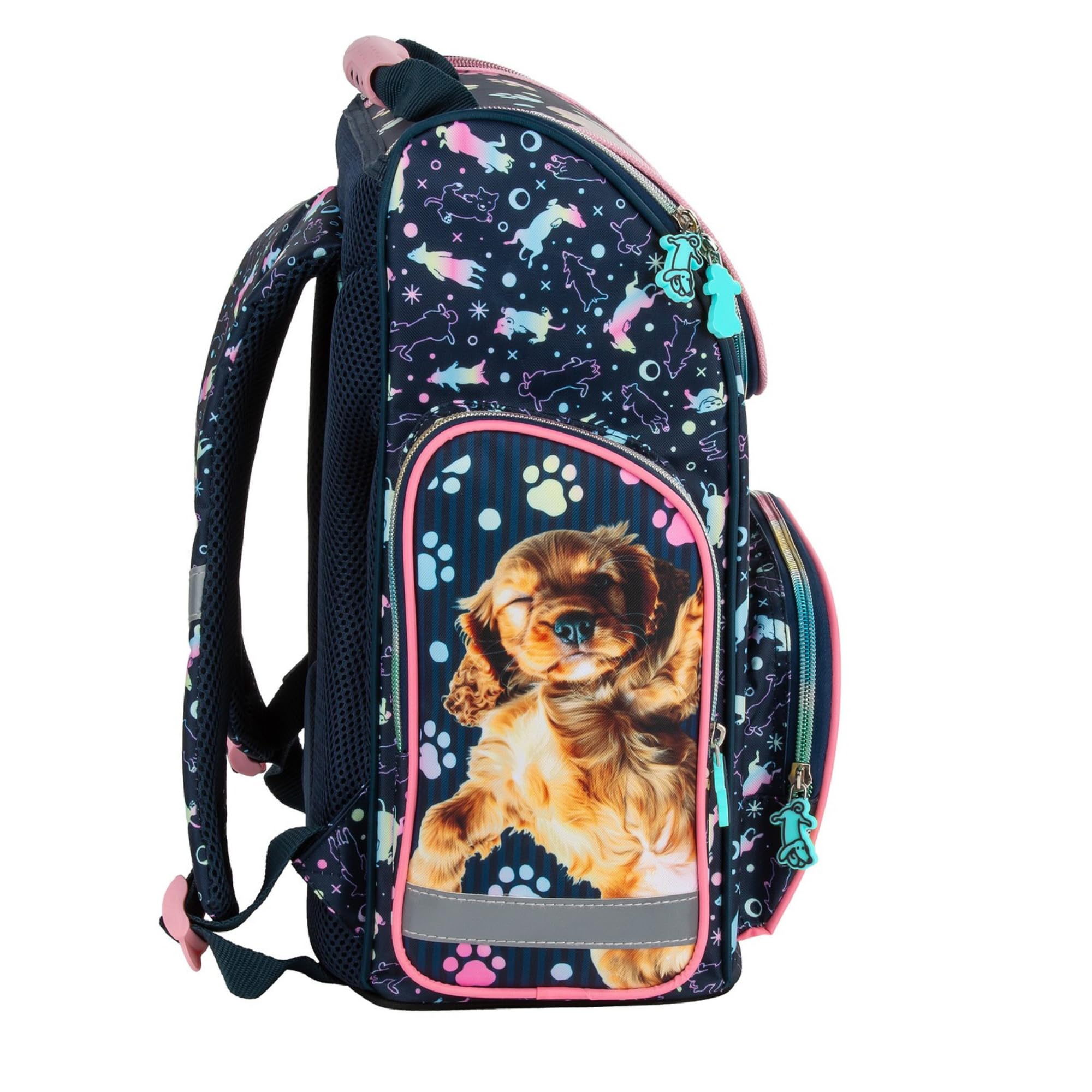 Goldkids - Schulranzen für Jungen und Mädchen, 4er-Set - Schul-Rucksack für Kinder mit Federmäppchen - Schuhbeutel und Hausaufgabenheft - Hund Motiv - 1-3 Klasse
