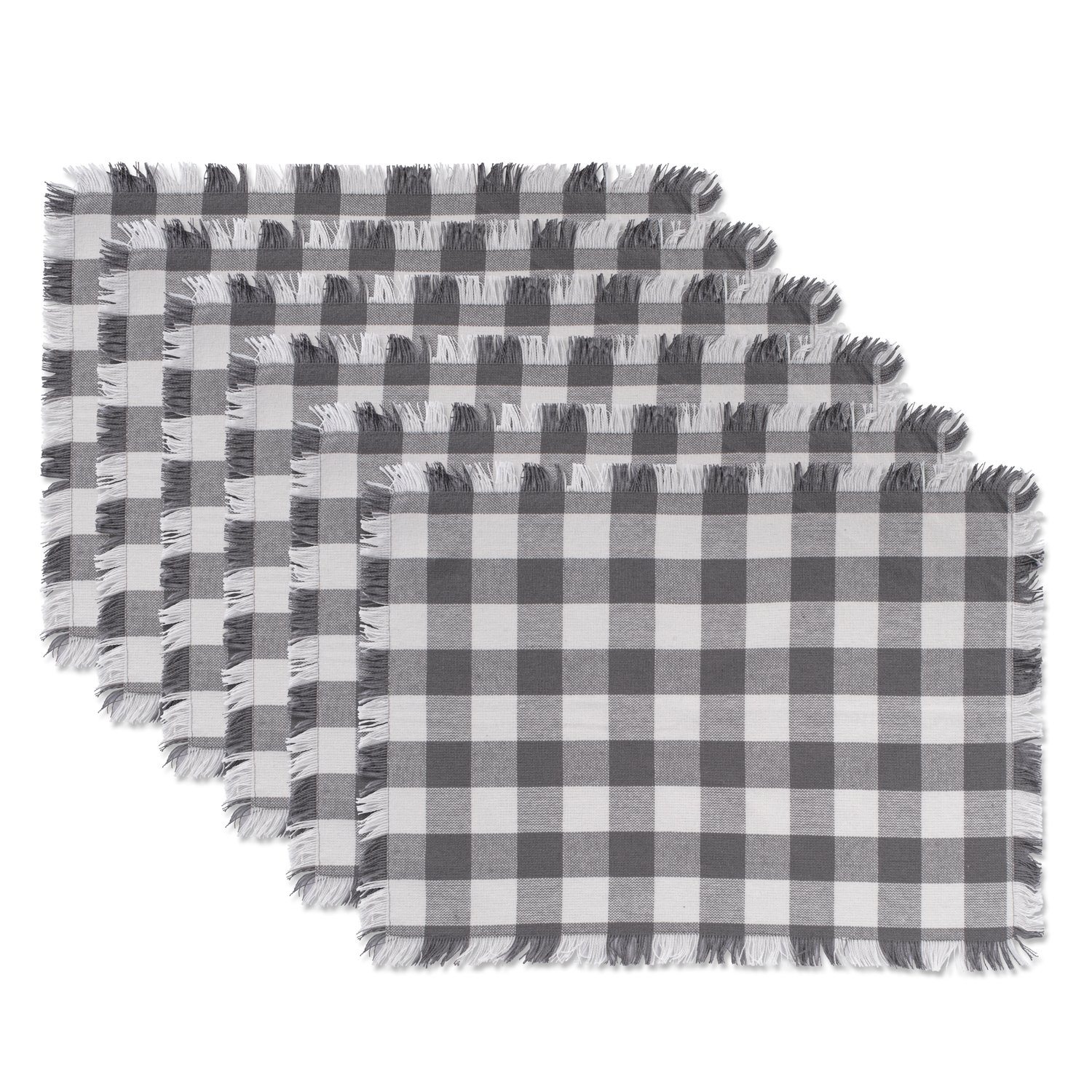 DII FRINGED MT CHECK S/6 GRAY, Cotton, Placemat Set, 13x19, Grey, Placemat Set, 13x19"