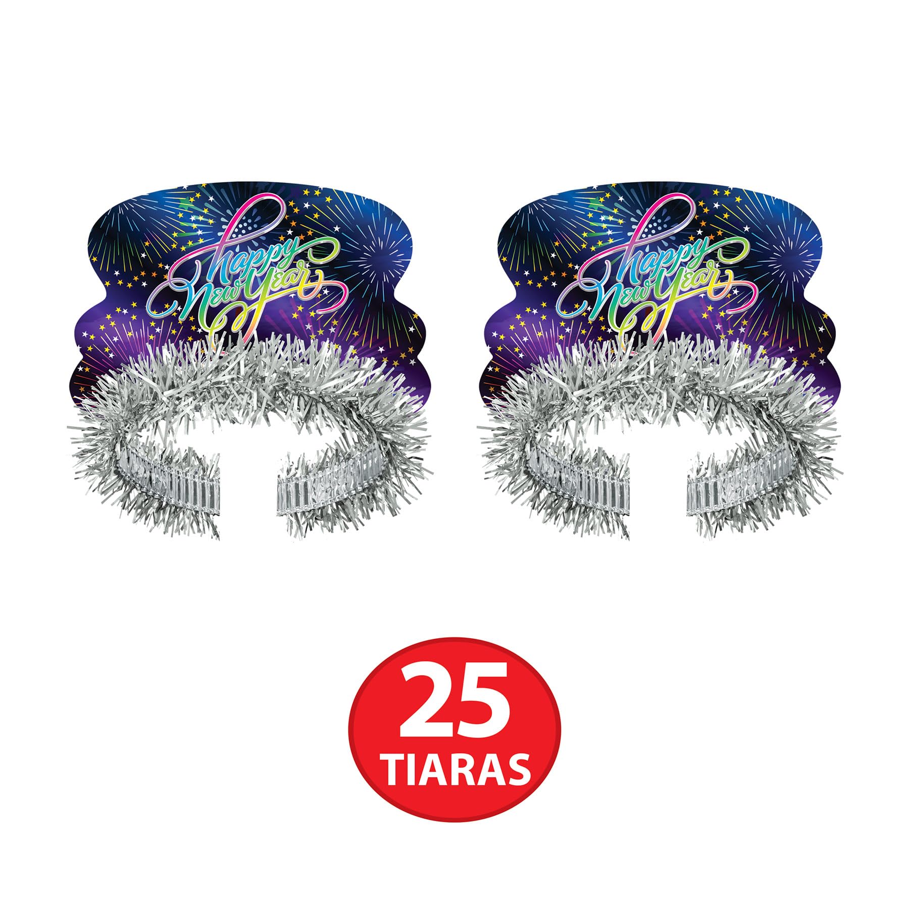 Beistle Silvester-Sortiment, Party-Set, Hi-Hats, 25 Fransen-Tiaras und 50 bedruckte 22,9 cm Hörner mit Feuerwerk-Design, NYE Supplies und Gastgeschenke, Einheitsgröße, blau/mehrfarbig