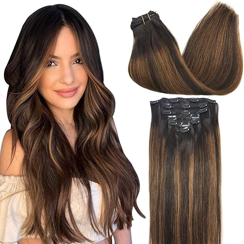 GOO GOO Remy Hair Extensions Clip in Human Hair Balayage Dark Brown to Chestnut Brown 14 Inch 120g 7pcs Straight Real Hair Extensions Natural Hair