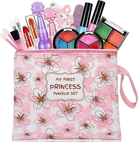 Juego de 18 piezas de juguetes de maquillaje, juguetes de belleza cosméticos para niños reales con bolsa de cosméticos, kits de maquillaje lavables