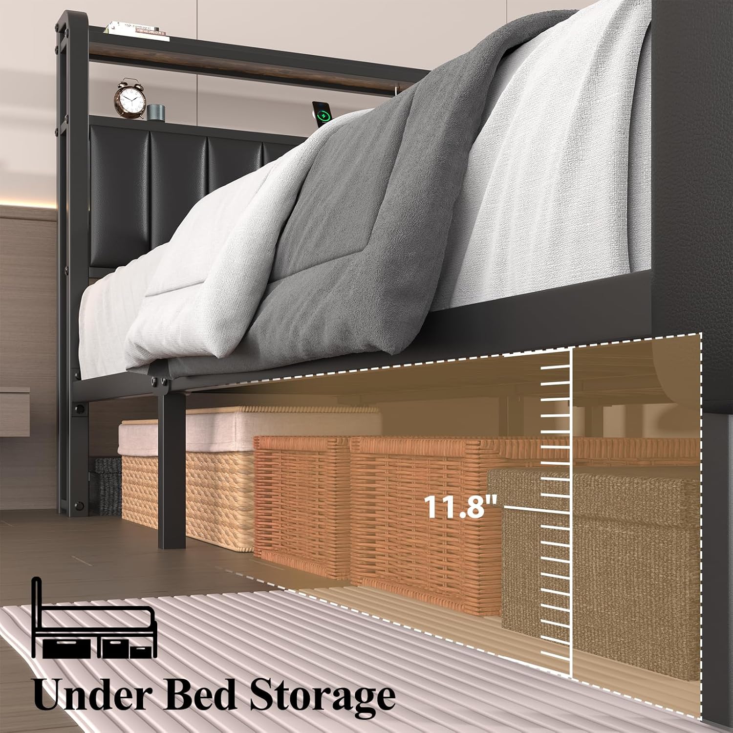 Full Size Bed Frame with Headboard & Star Projector, Metal Upholstered Bed Frame with Charging Station, Heavy Duty Bedframe with Storage Ottoman, Noise-Free, No Box Spring Needed, Black - Image 6