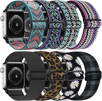 8 PACK Elastic Sports Replacement Band Compatible with IWatch 38mm/40mm/41mm/42mm/44mm/45mm for Women&Men,Pattern Stretch Bands Fashion Handmade Strap for iWatch Series 7/6/5/4/3/2/1/SE(38 40 41mm)