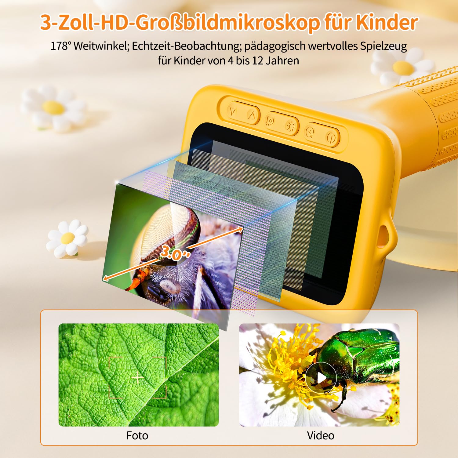 Microscope Numérique Enfants SKYBASIC - Écran IPS 3" 1000x, Rechargeable, Jaune