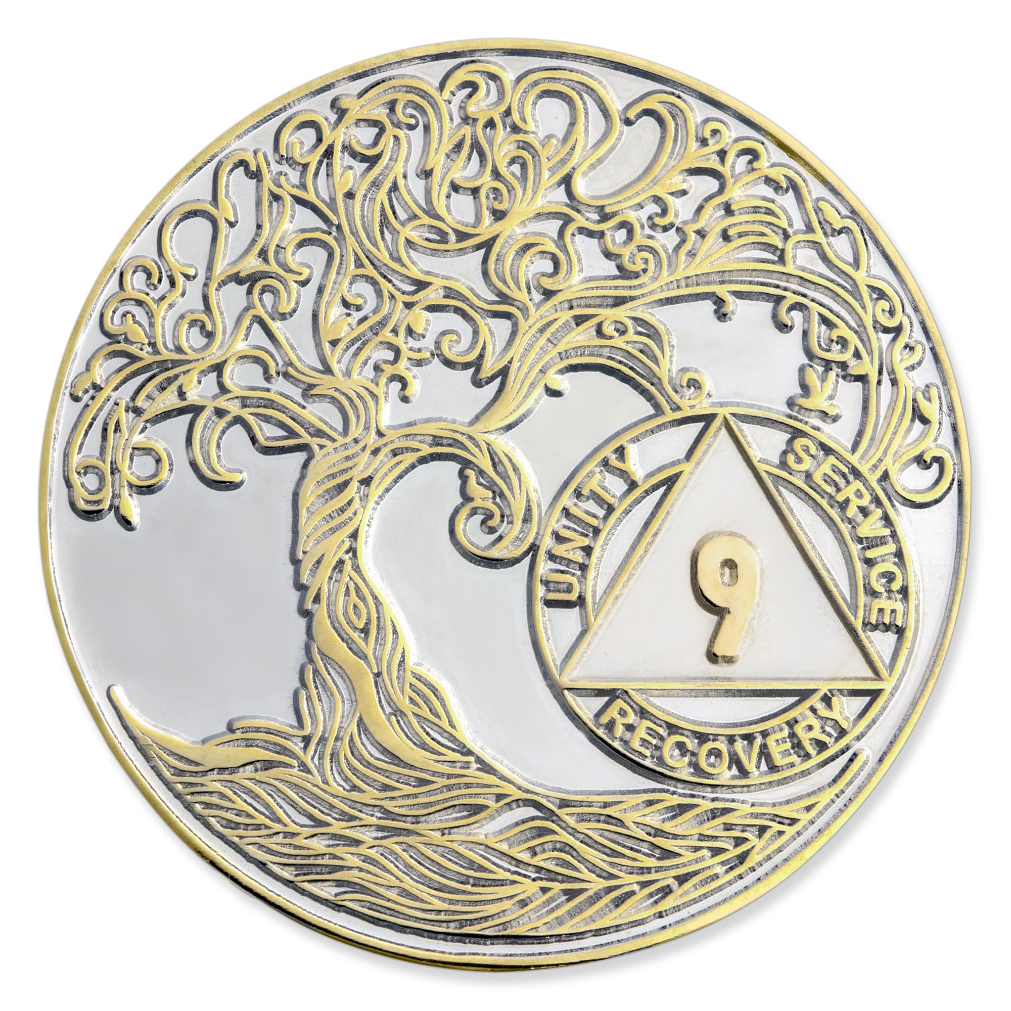 9 Year XL 40mm Nickel & Gold Plated AA Coin - Sobriety Mint Twisted Tree of Life Recovery Medallion/Chip - Silver/Gold 09 Years