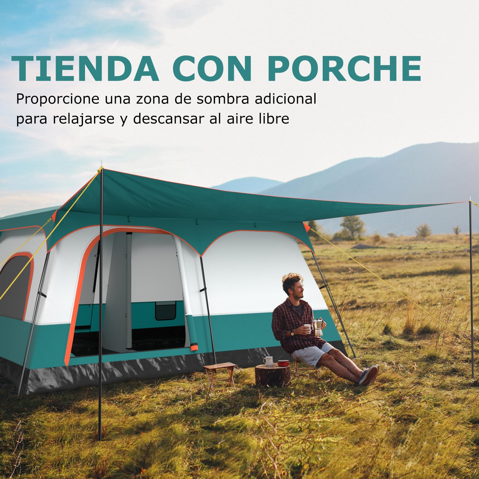GYMAX Tienda de Campaña con Toldo para 4-6/6-8/8-10 Personas, Tienda Grande con 2 Habitaciones, 2 Puertas, 2 Ventanas, Techo Doble Desmontable y Bolsa de Transporte, Ideal para Camping, Picnics
