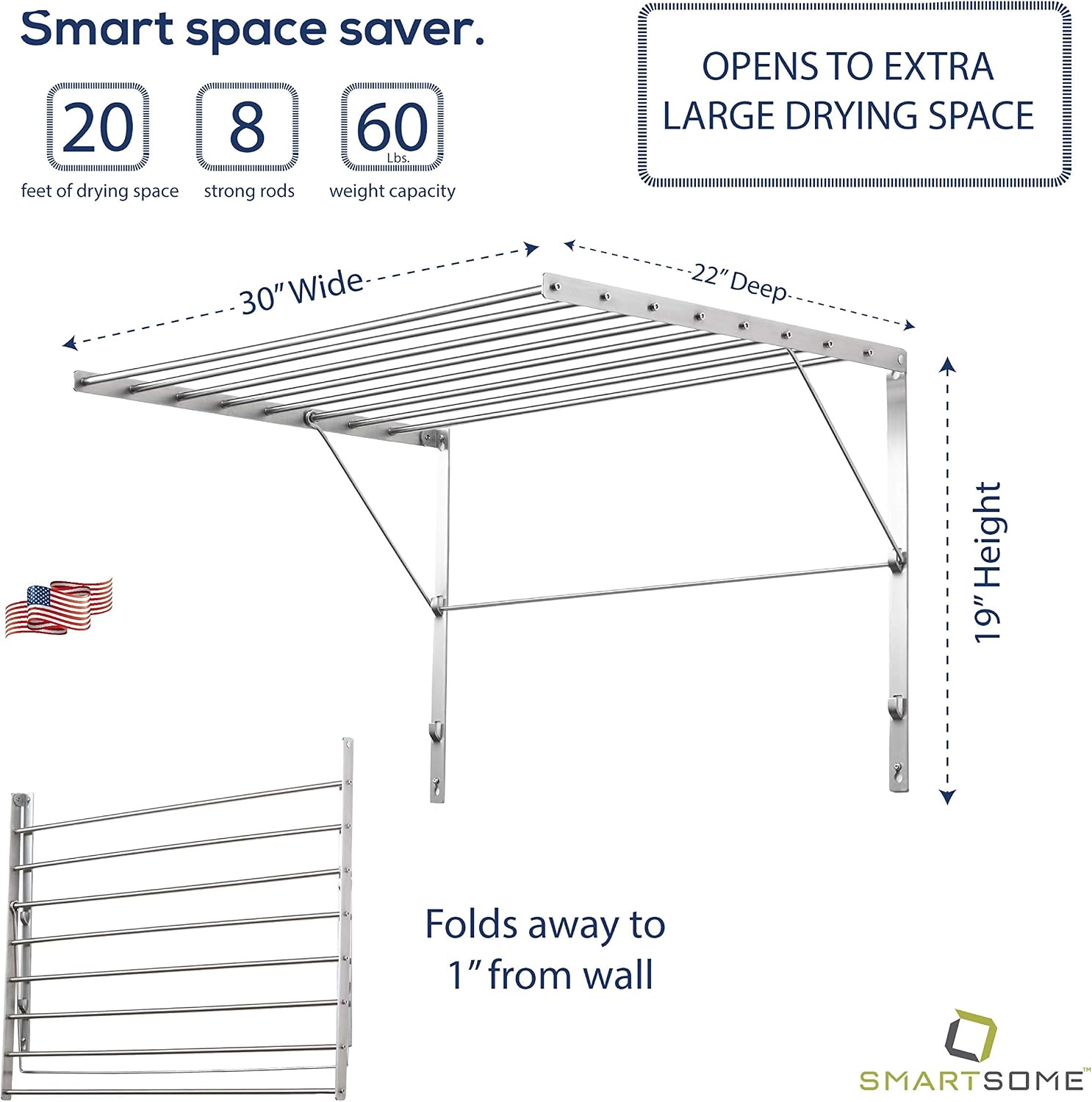 Smartsome | Wall Mounted | Clothes Drying Rack | 30" Wide | 20 Linear Feet Capacity | 8 Smooth Round Stainless Steel Rods | 60 lb Capacity | Fully Assembled | Compact Sturdy Space-Saving Design