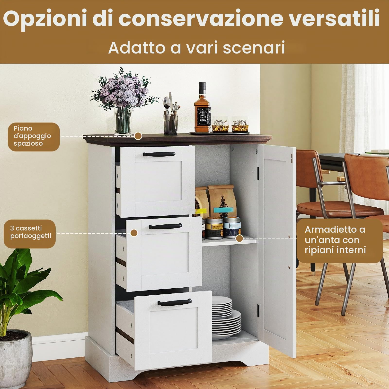 KOMFOTTEU Credenza Cucina con 3 Cassetti e Armadio con Ante, Mobile Cucina Dispensa con Kit Antiribaltamento, Mobiletto Cucina, per Soggiorno, Sala da Pranzo, 60 x 30 x 80 cm (Bianco)