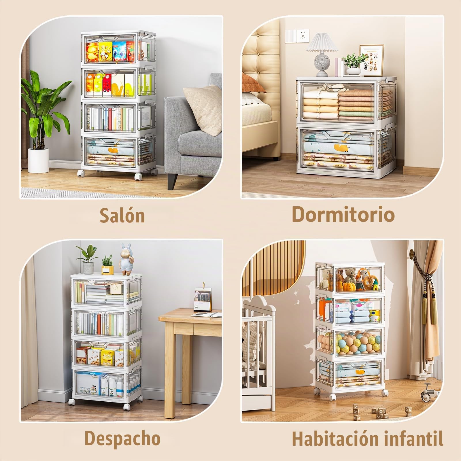 Cajas de almacenamiento con tapa, cajas de plástico apilables transparentes, grandes organizadores para dormitorio, sala de estar, baño